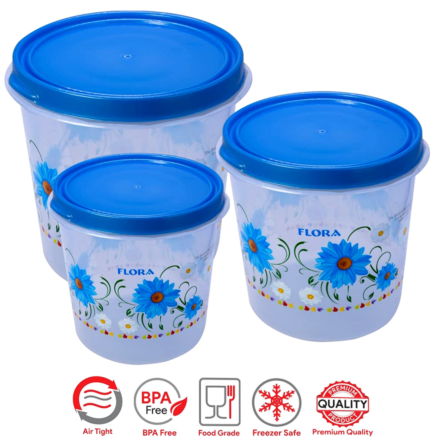 Kuber Industries Floral Plastic Airtight  Food Storage Containers, Kitchen Storage Containers For Food, Flour, Sugar, Baking Supplies, Set of 3 (Blue)
