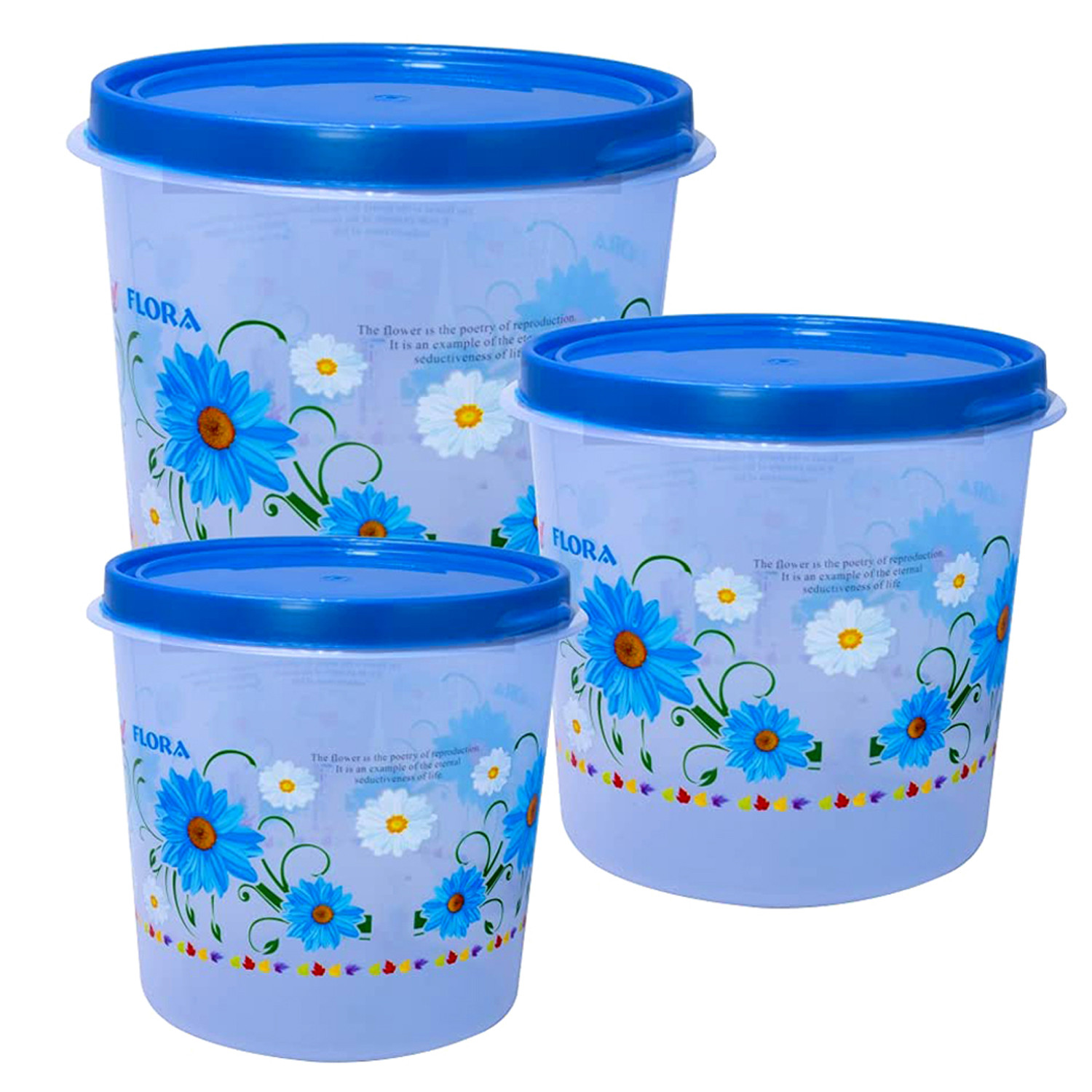 Kuber Industries Floral Plastic Airtight  Food Storage Containers, Kitchen Storage Containers For Food, Flour, Sugar, Baking Supplies, Set of 3 (Blue)
