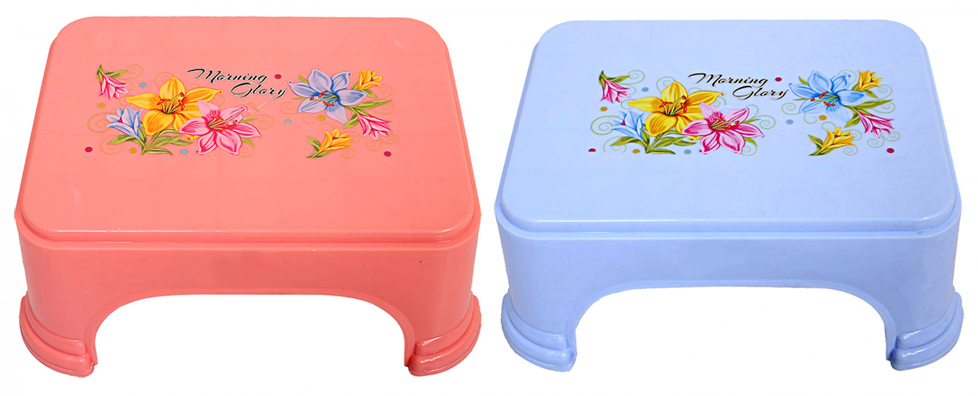 Kuber Industries Floral Print 2 Pieces Plastic Bathroom Stool, Adults Simple Style Stool Anti-Slip with Strong Bearing Stool for Home, Office, Kindergarten, Pink & Blue