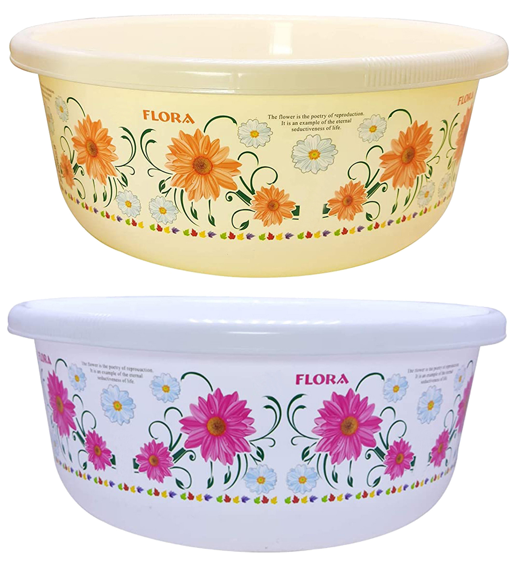 Kuber Industries Floral Print 2 Pieces Unbreakable Plastic Multipurpose Bath Tub/Washing Tub 40 LTR (Cream & White)-KUBMART3190