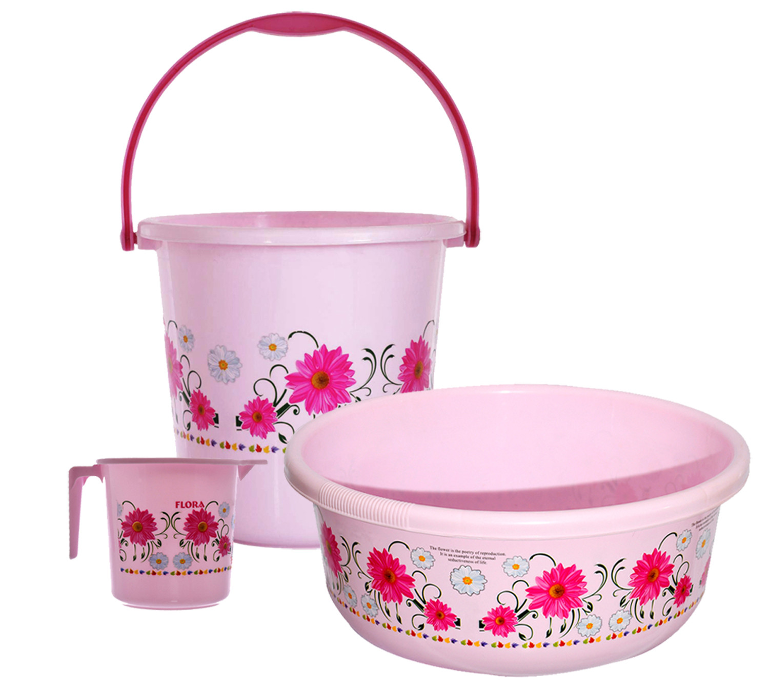 Kuber Industries Floral Print Bathroom Bathing Set of 3 Piece with Plastic 18 Ltr Bucket,1 Ltr Mug, 40 Ltr Bath Tub (Pink)-KUBMART1272