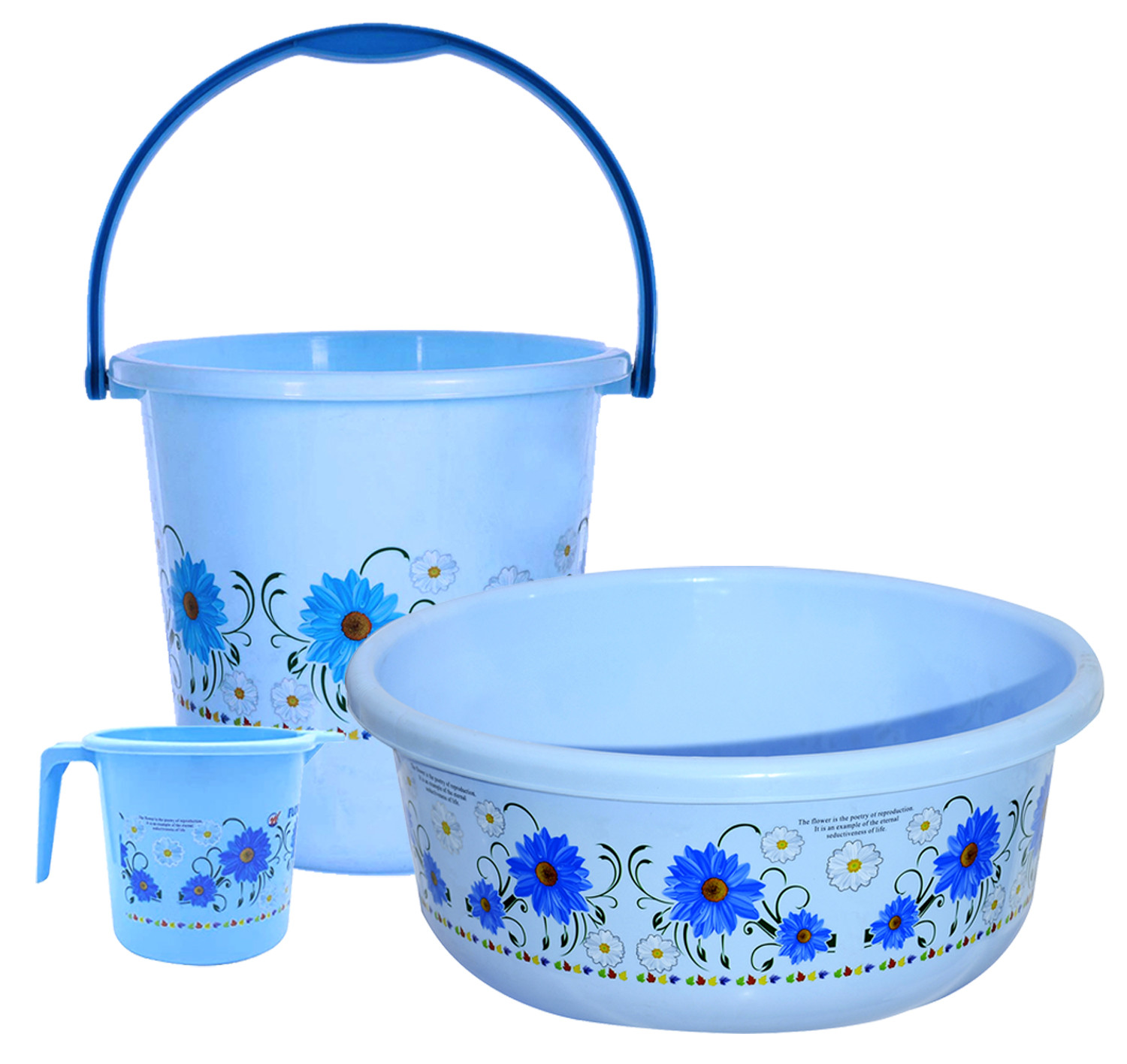 Kuber Industries Floral Print Bathroom Bathing Set of 3 Piece with Plastic 18 Ltr Bucket,1 Ltr Mug, 40 Ltr Bath Tub (Blue)-KUBMART1274