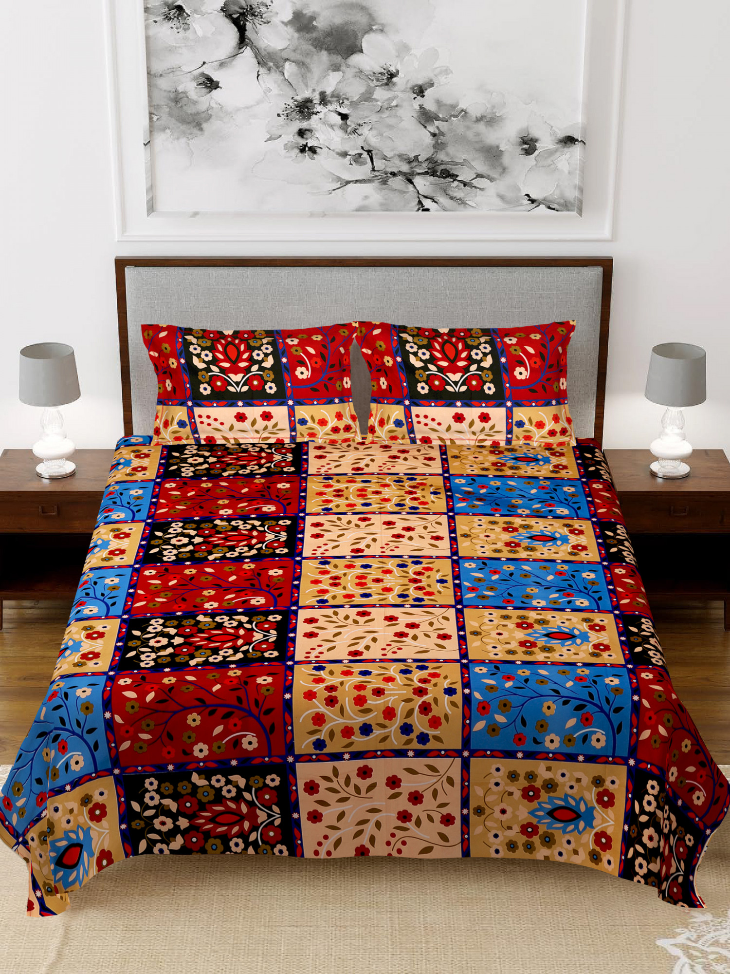 Kuber Industries Floral Print Glace Cotton 144 TC King Size Double Bedsheet with 2 Pillow Covers (Red & Cream)