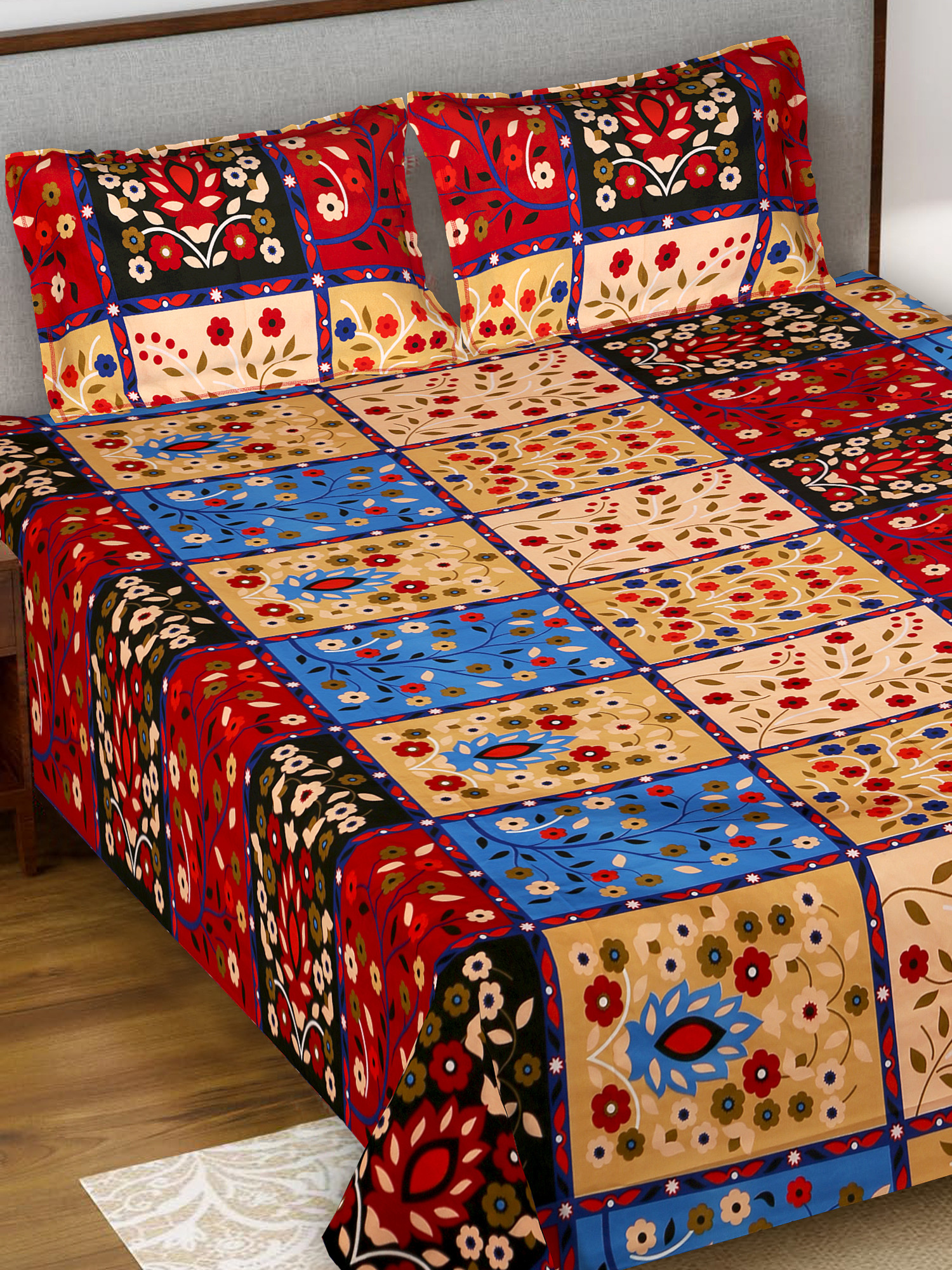 Kuber Industries Floral Print Glace Cotton 144 TC King Size Double Bedsheet with 2 Pillow Covers (Red & Cream)