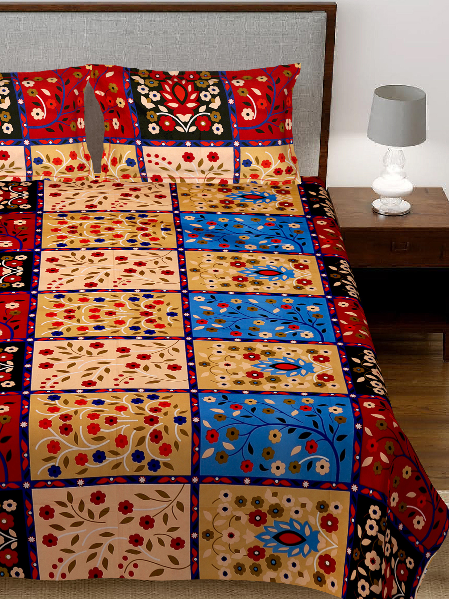 Kuber Industries Floral Print Glace Cotton 144 TC King Size Double Bedsheet with 2 Pillow Covers (Red & Cream)