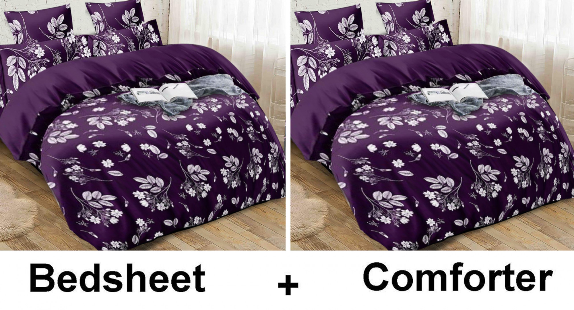 Kuber Industries Floral Print Glace Cotton AC Comforter King Size Bed Comforter, Double Bed Sheet, 2 Pillow Cover (Purple, 90x100 Inches)-Set of 4 Pieces