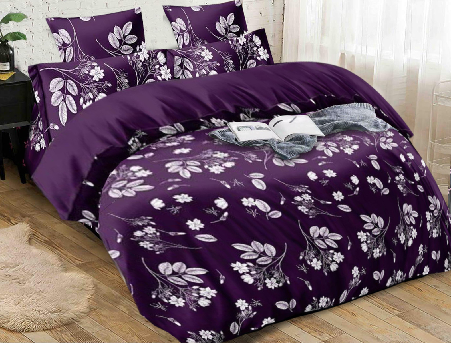 Kuber Industries Floral Print Glace Cotton AC Comforter King Size Bed Comforter, Double Bed Sheet, 2 Pillow Cover (Purple, 90x100 Inches)-Set of 4 Pieces