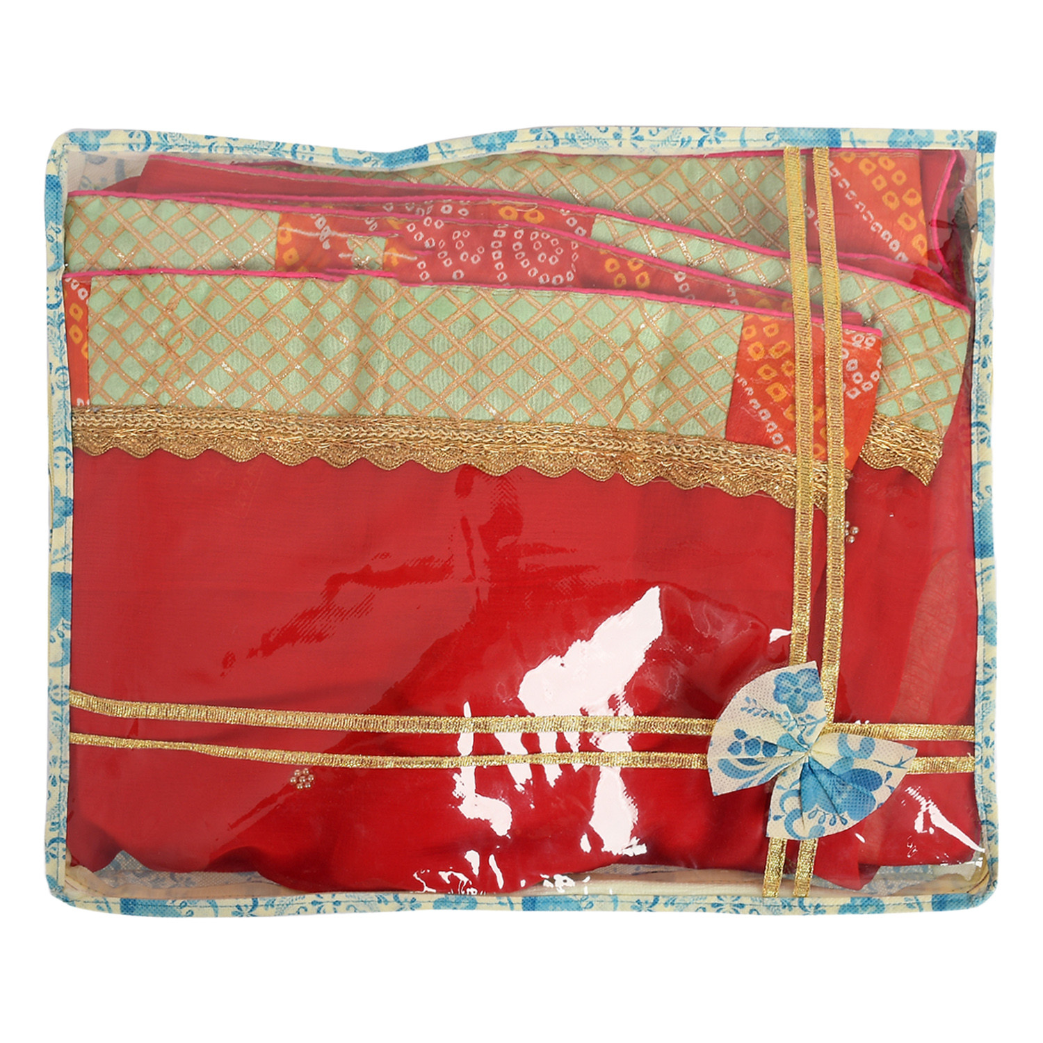 Kuber Industries Floral Print Non-Woven Saree cover For Store Saree, Lehenga, Suit With Transparent Top,(Blue) 54KM4158