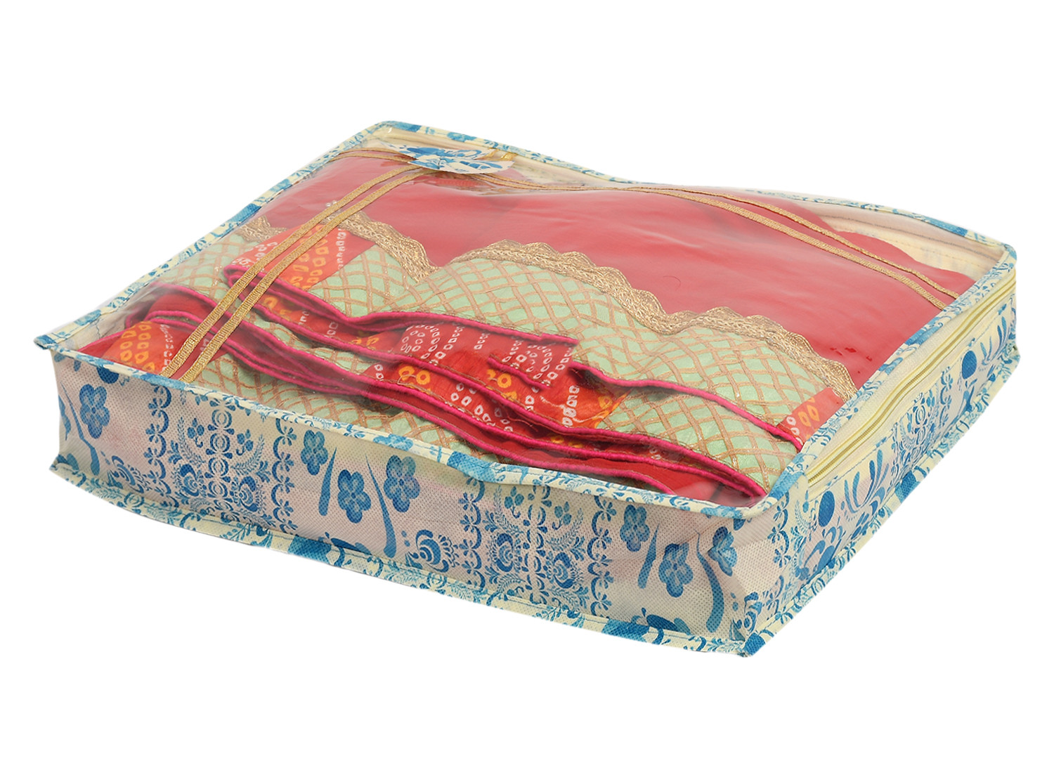 Kuber Industries Floral Print Non-Woven Saree cover For Store Saree, Lehenga, Suit With Transparent Top,(Blue) 54KM4158
