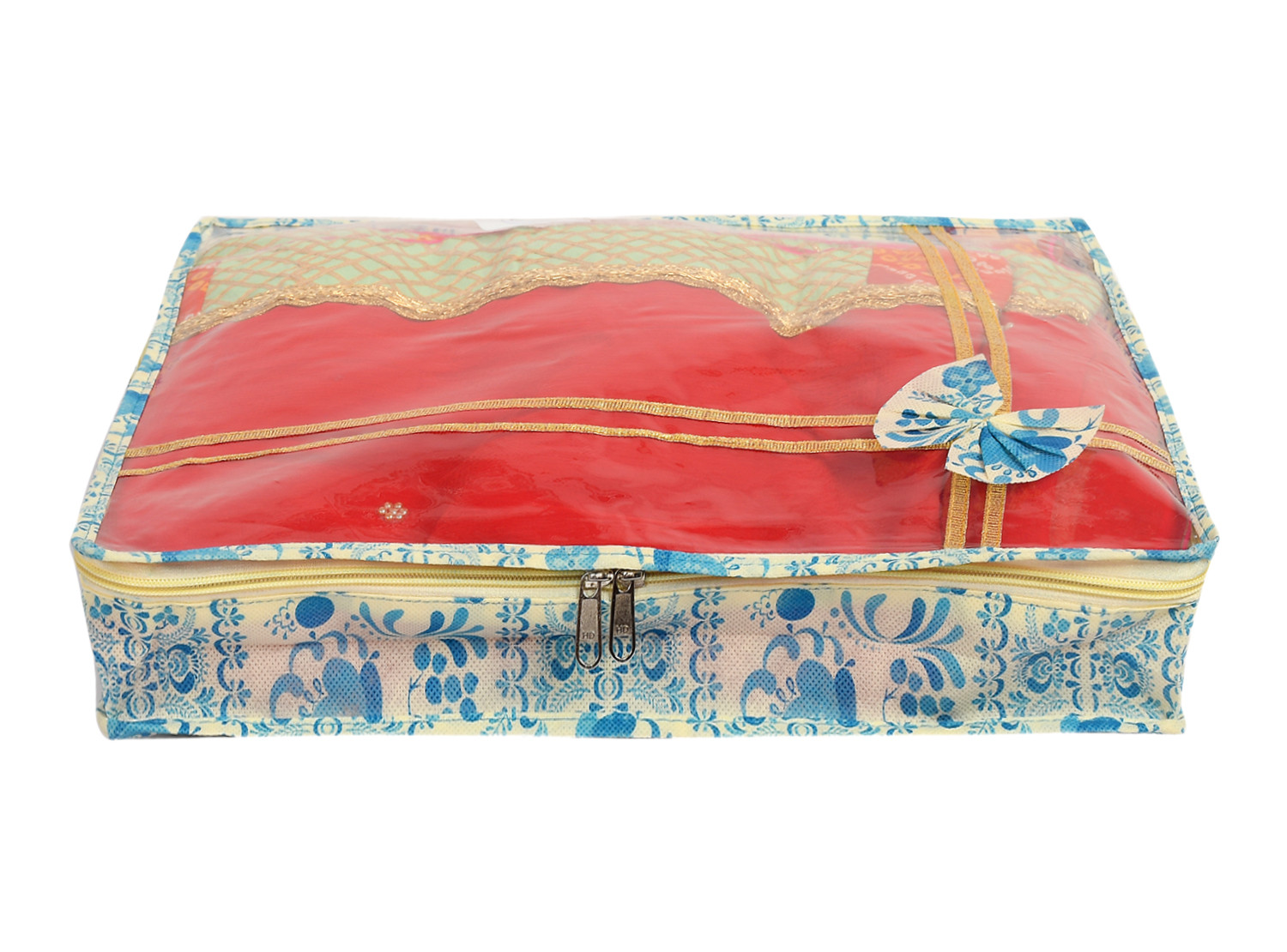 Kuber Industries Floral Print Non-Woven Saree cover For Store Saree, Lehenga, Suit With Transparent Top,(Blue) 54KM4158