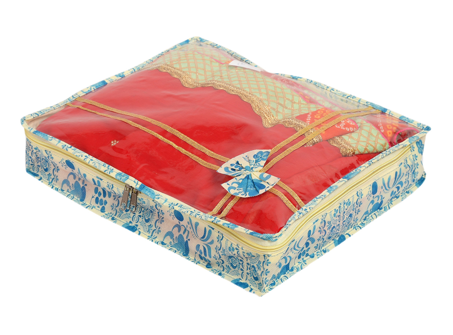 Kuber Industries Floral Print Non-Woven Saree cover For Store Saree, Lehenga, Suit With Transparent Top,(Blue) 54KM4158