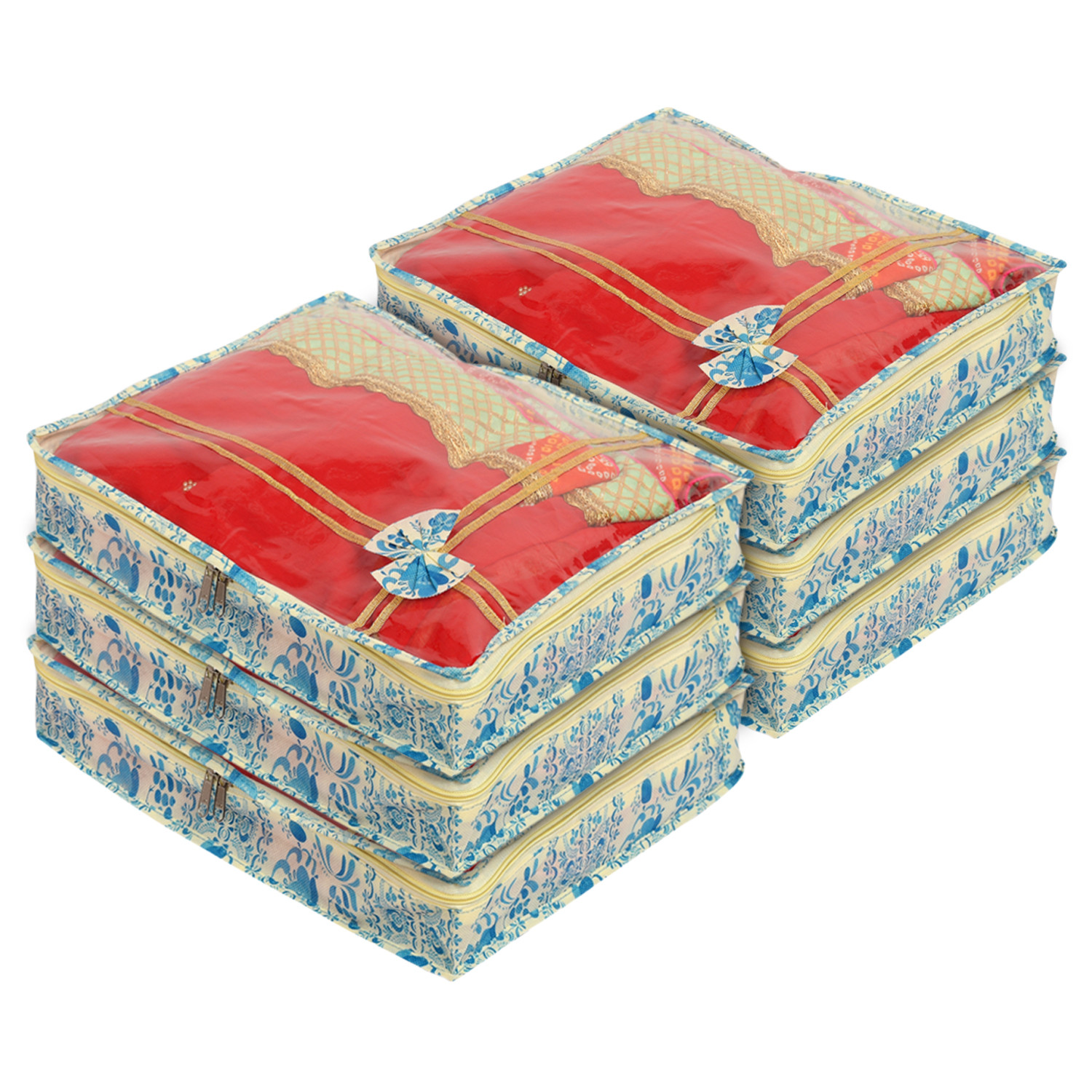 Kuber Industries Floral Print Non-Woven Saree cover For Store Saree, Lehenga, Suit With Transparent Top,(Blue) 54KM4158