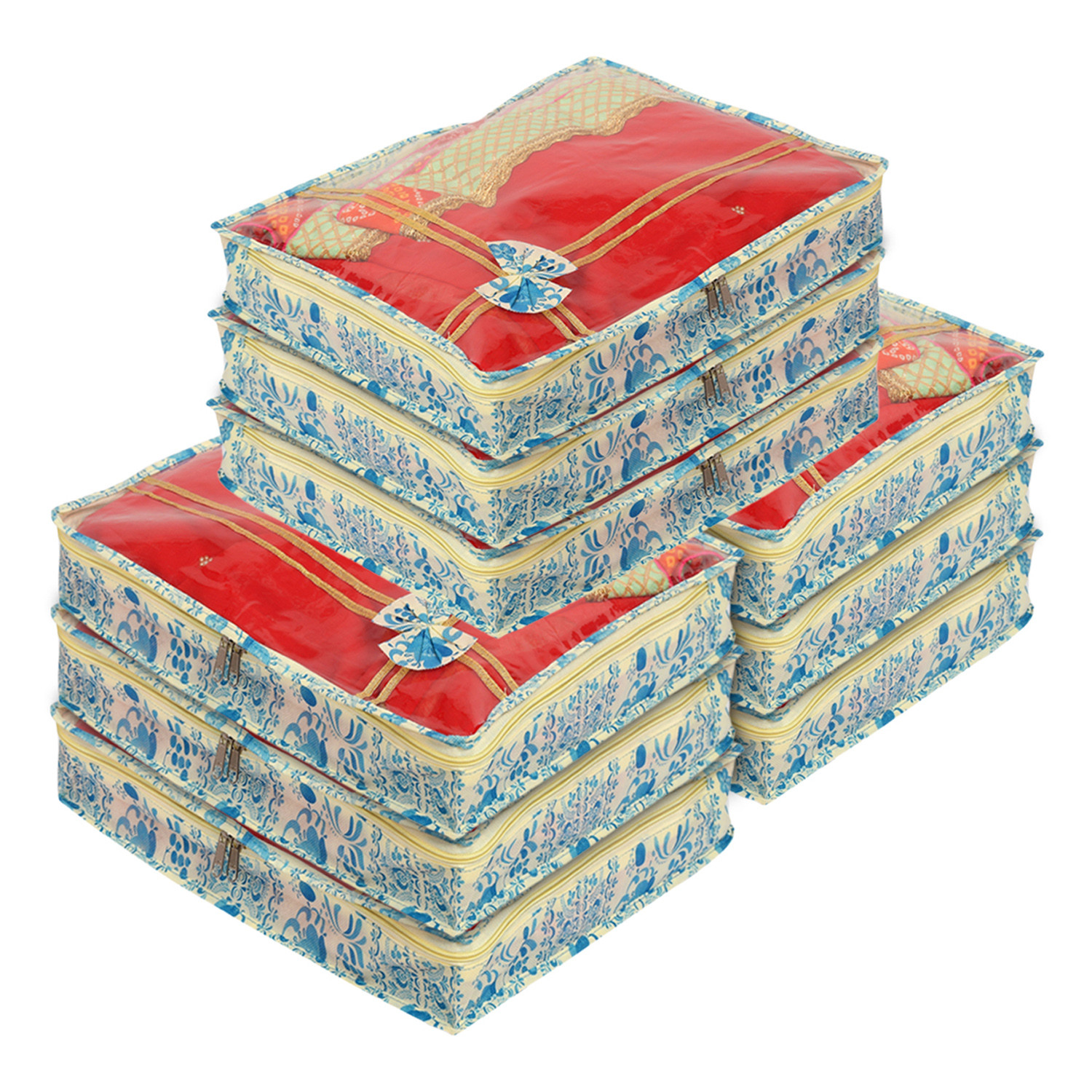 Kuber Industries Floral Print Non-Woven Saree cover For Store Saree, Lehenga, Suit With Transparent Top,(Blue) 54KM4158
