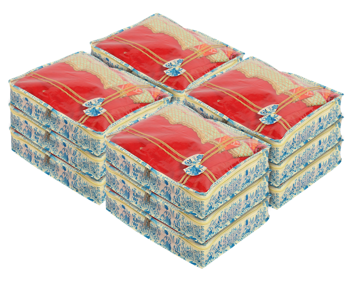 Kuber Industries Floral Print Non-Woven Saree cover For Store Saree, Lehenga, Suit With Transparent Top,(Blue) 54KM4158