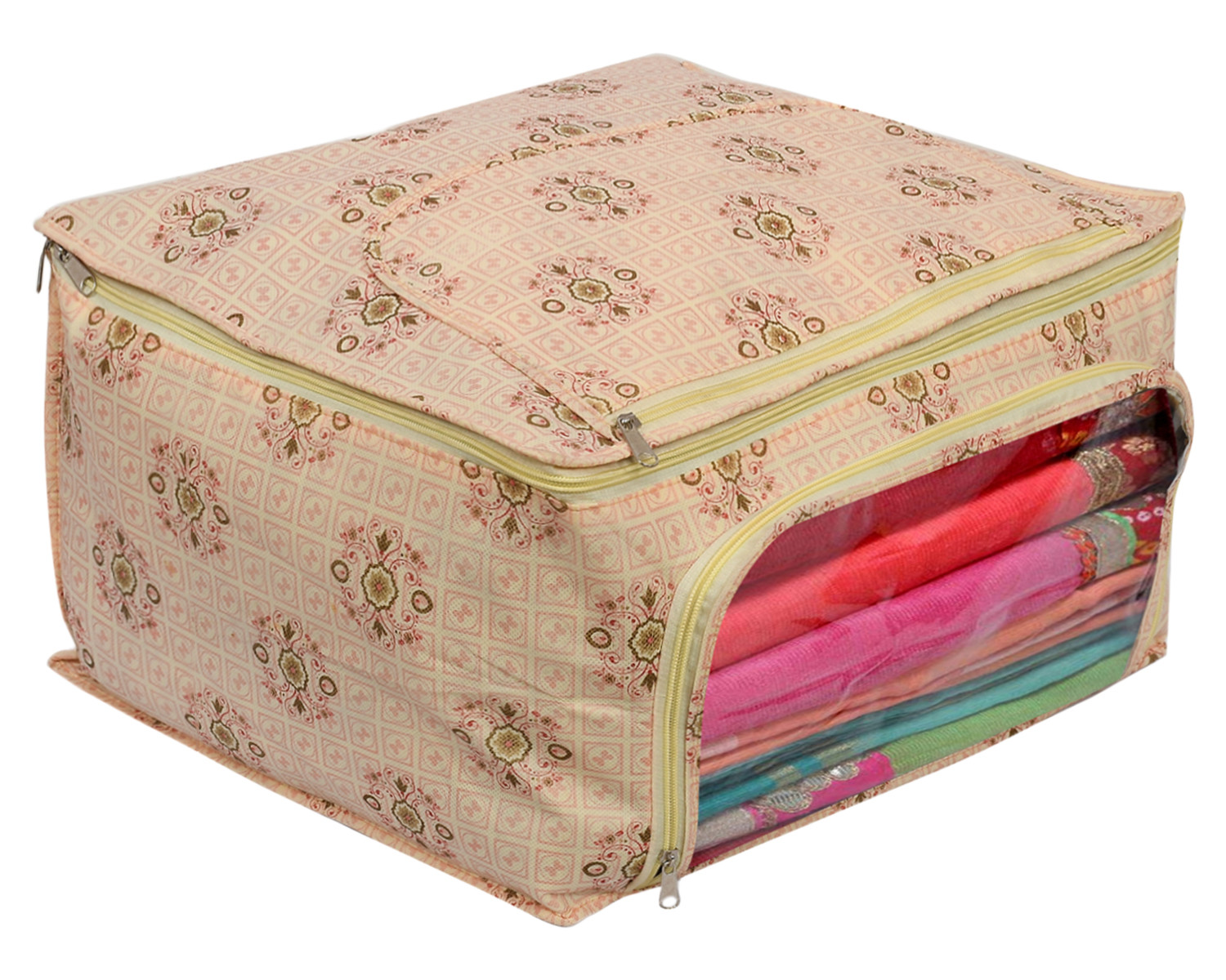 Kuber Industries Floral Print Non-Woven Saree cover With Large Pocket For Saree, Lehenga, Suit & Transparent Window (Pink) 54KM4164