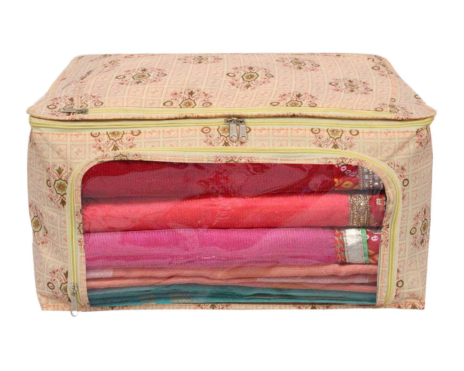 Kuber Industries Floral Print Non-Woven Saree cover With Large Pocket For Saree, Lehenga, Suit & Transparent Window (Pink) 54KM4164