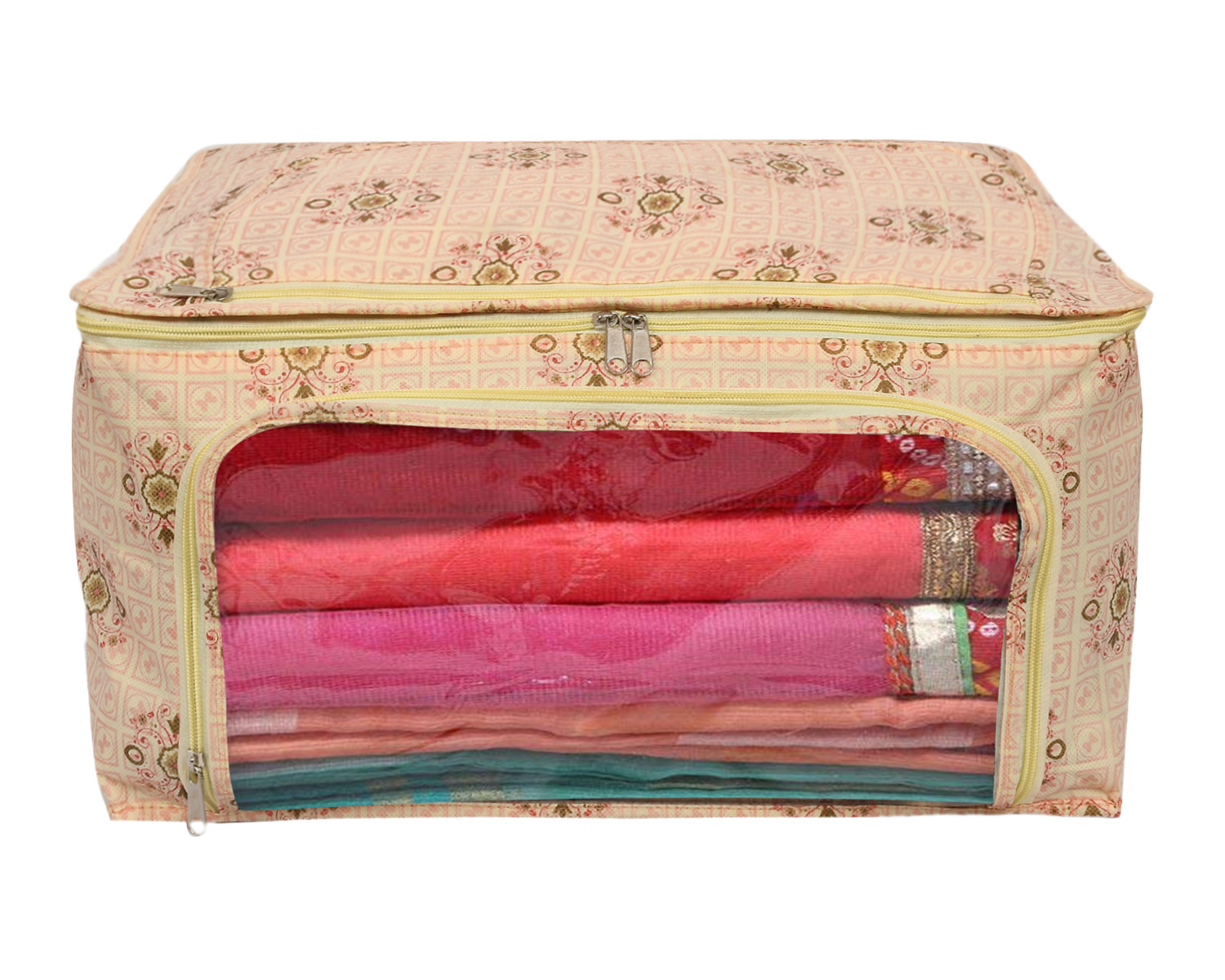 Kuber Industries Floral Print Non-Woven Saree cover With Large Pocket For Saree, Lehenga, Suit & Transparent Window (Pink) 54KM4164