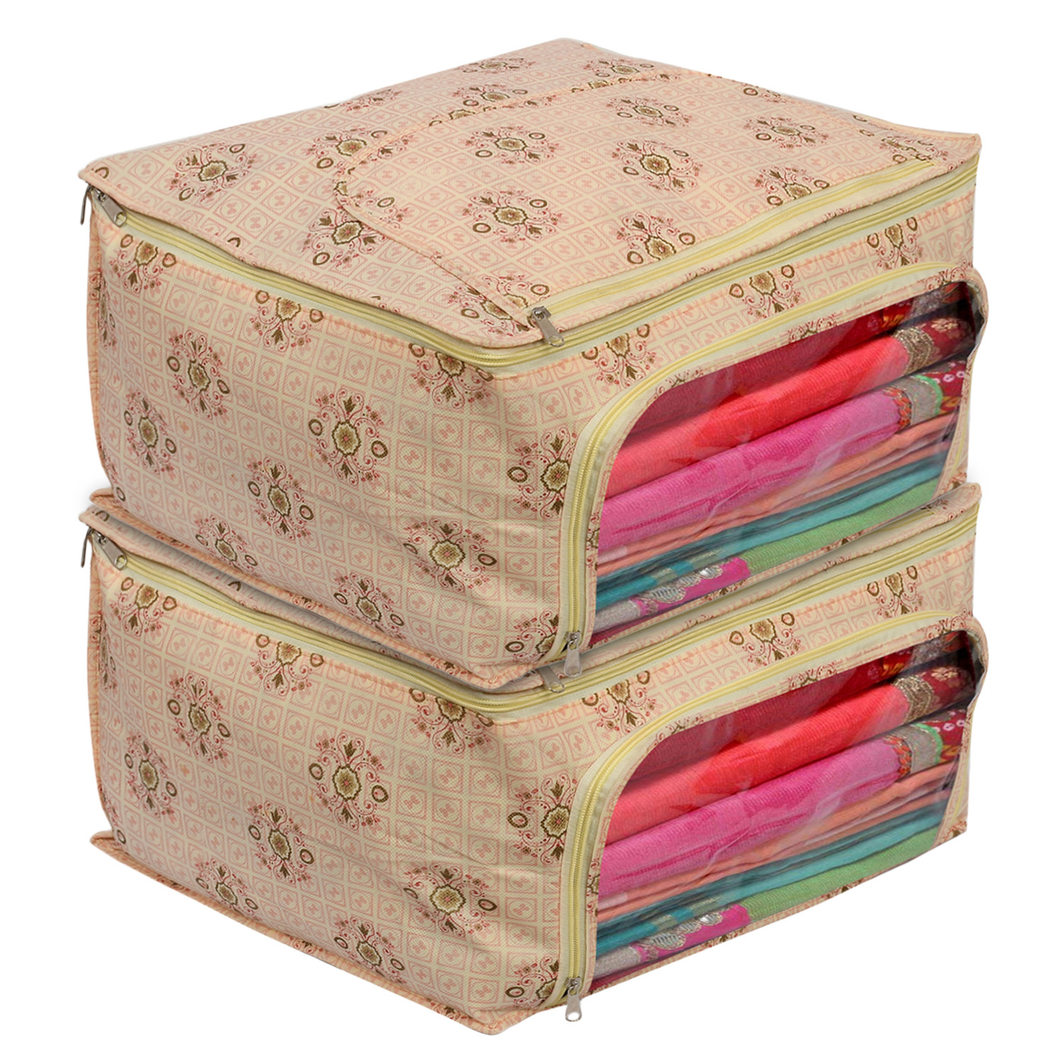 Kuber Industries Floral Print Non-Woven Saree cover With Large Pocket For Saree, Lehenga, Suit & Transparent Window (Pink) 54KM4164