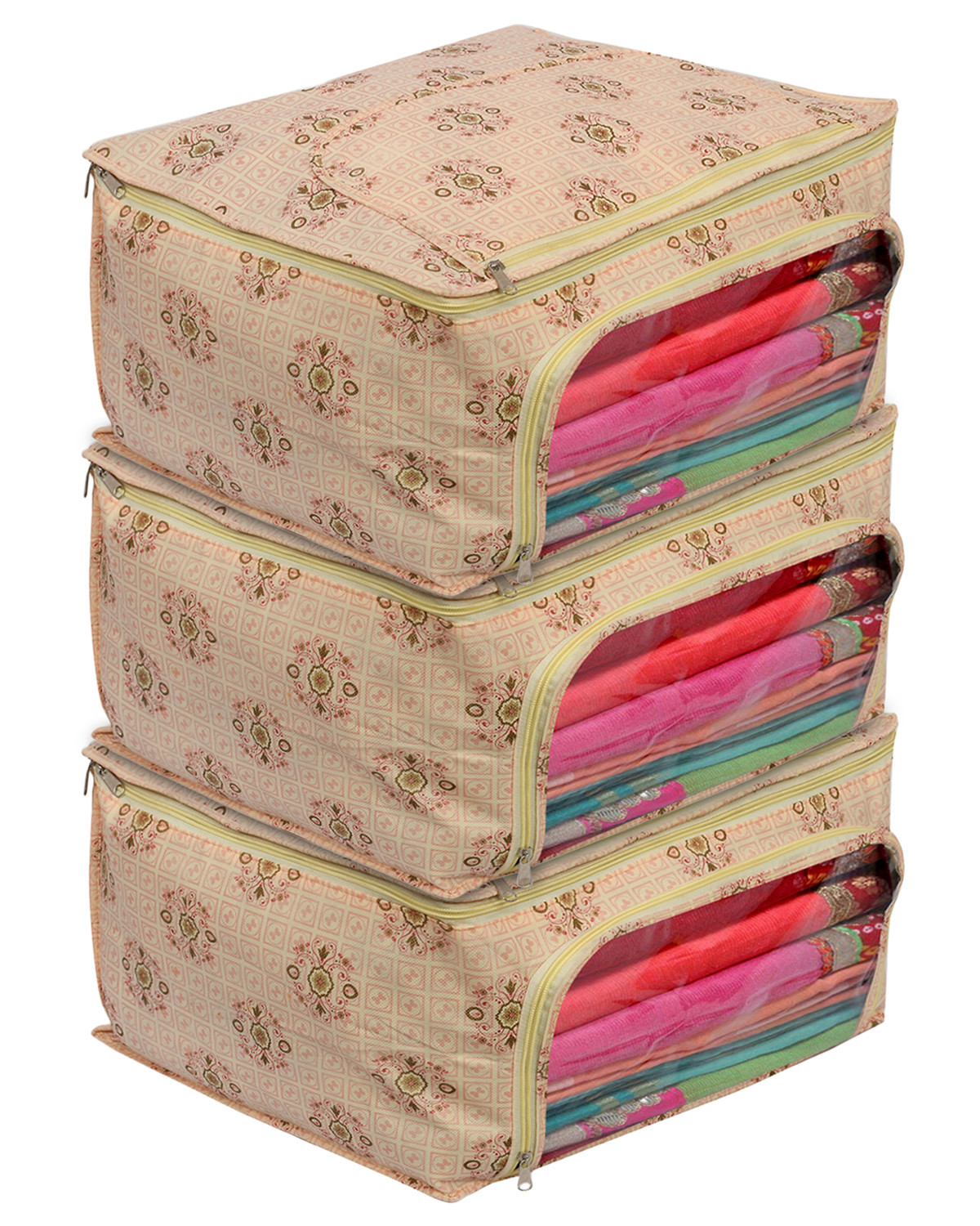 Kuber Industries Floral Print Non-Woven Saree cover With Large Pocket For Saree, Lehenga, Suit & Transparent Window (Pink) 54KM4164