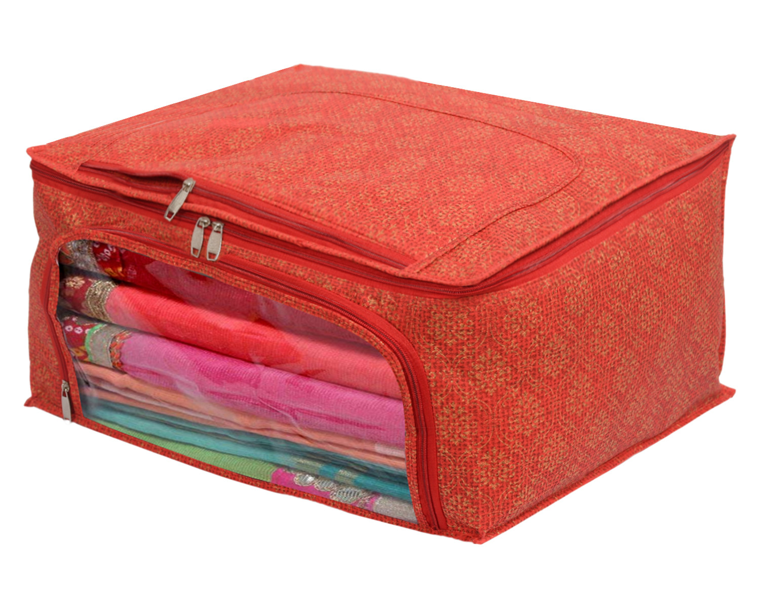 Kuber Industries Floral Print Non-Woven Saree cover With Large Pocket For Saree, Lehenga, Suit & Transparent Window (Red) 54KM4167