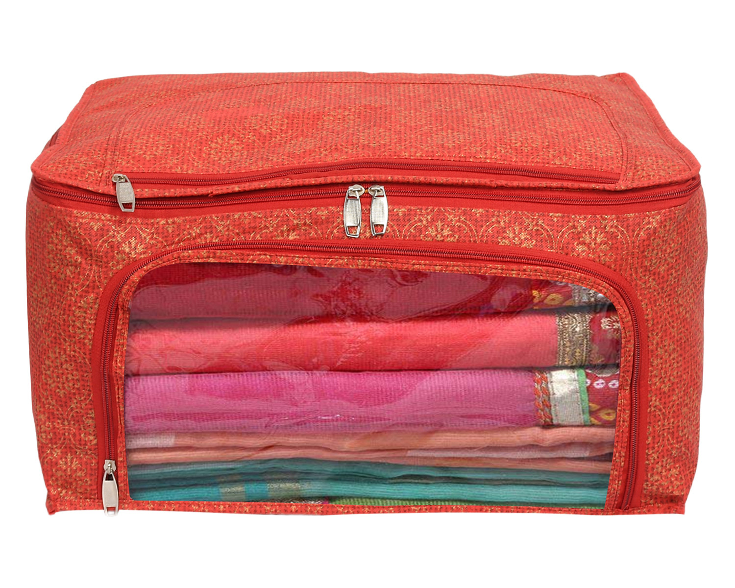 Kuber Industries Floral Print Non-Woven Saree cover With Large Pocket For Saree, Lehenga, Suit & Transparent Window (Red) 54KM4167