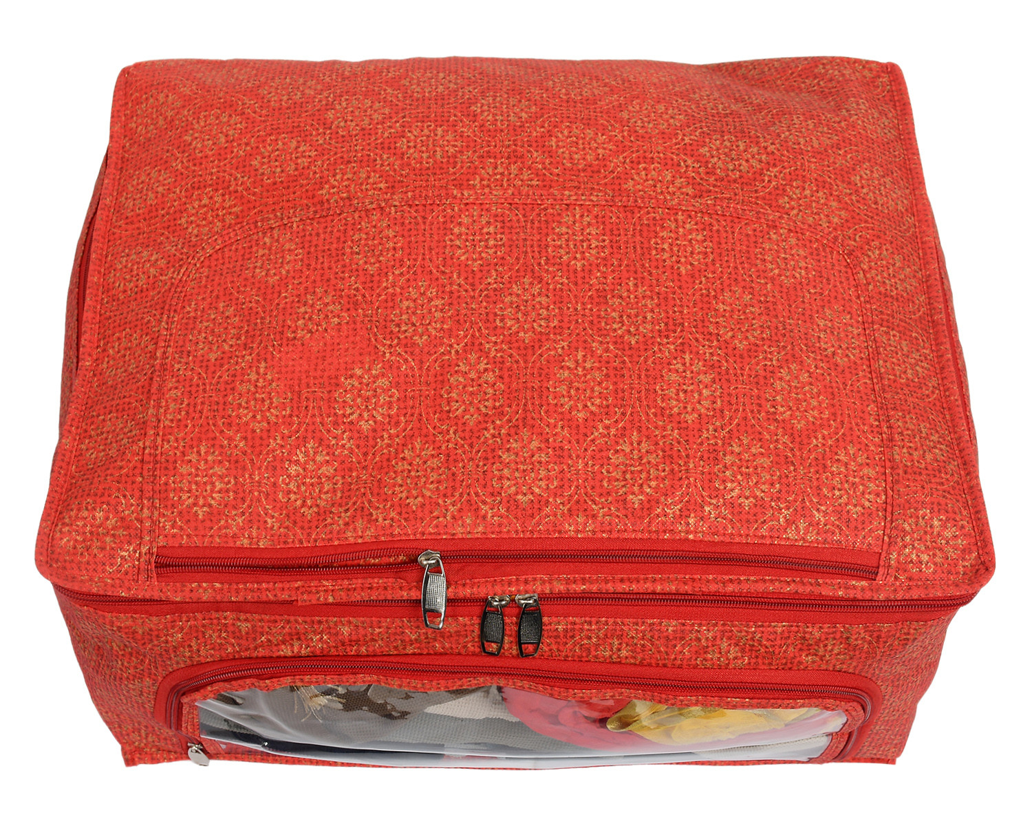 Kuber Industries Floral Print Non-Woven Saree cover With Large Pocket For Saree, Lehenga, Suit & Transparent Window (Red) 54KM4167