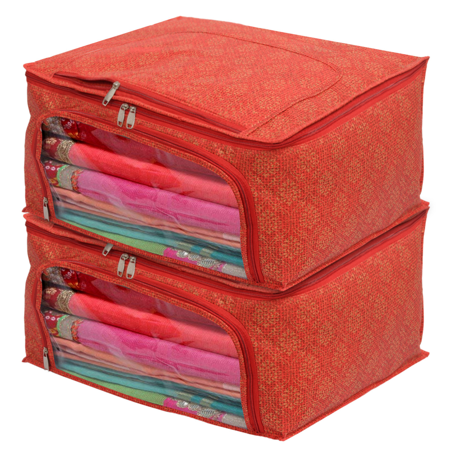 Kuber Industries Floral Print Non-Woven Saree cover With Large Pocket For Saree, Lehenga, Suit & Transparent Window (Red) 54KM4167