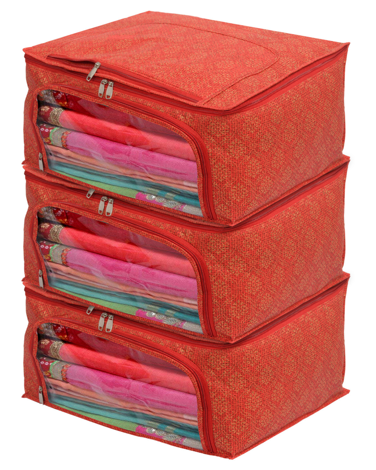 Kuber Industries Floral Print Non-Woven Saree cover With Large Pocket For Saree, Lehenga, Suit & Transparent Window (Red) 54KM4167