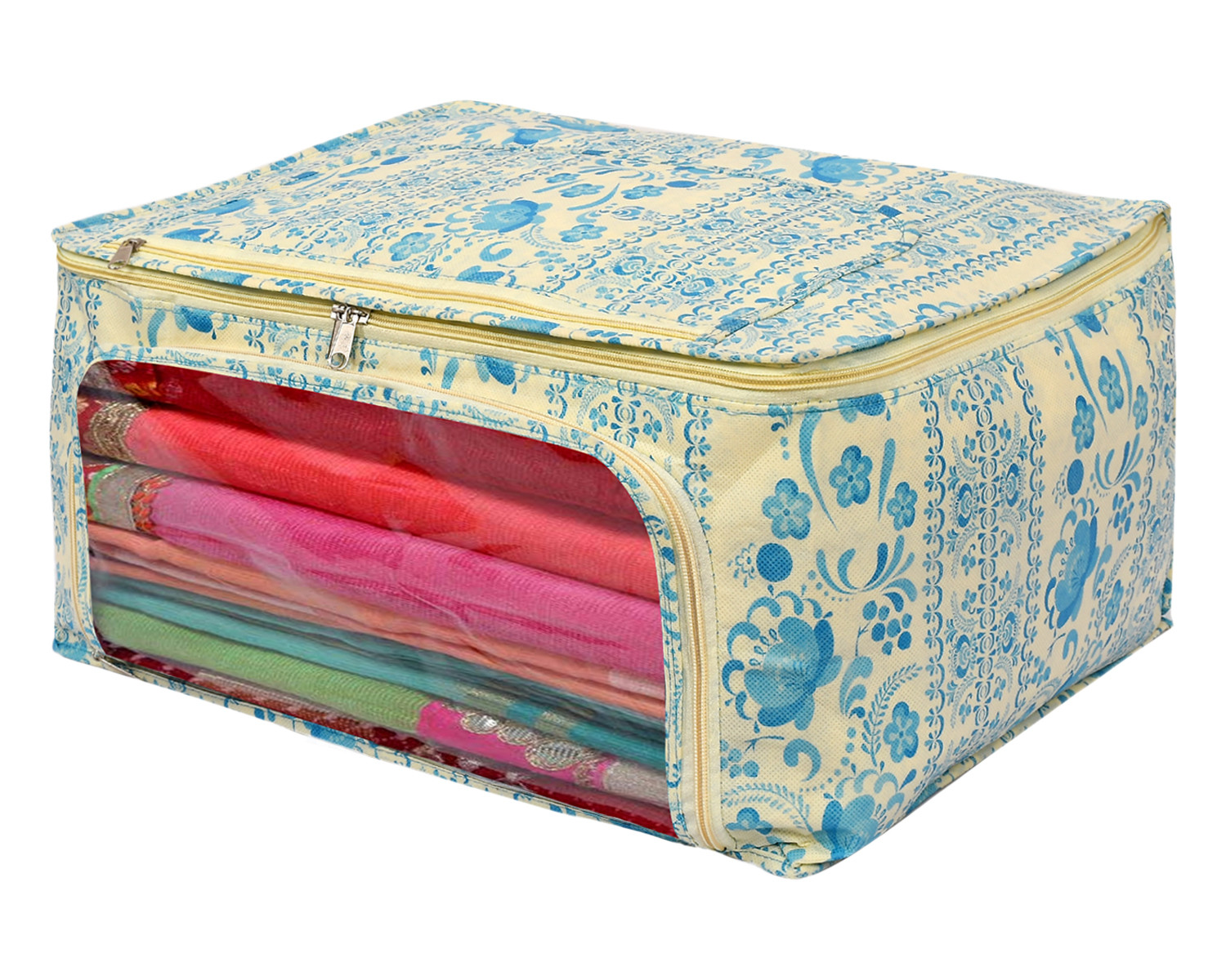 Kuber Industries Floral Print Non-Woven Saree cover With Large Pocket For Saree, Lehenga, Suit & Transparent Window (Blue) 54KM4170