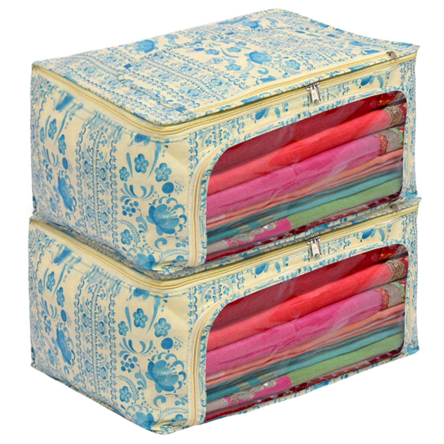 Kuber Industries Floral Print Non-Woven Saree cover With Large Pocket For Saree, Lehenga, Suit & Transparent Window (Blue) 54KM4170