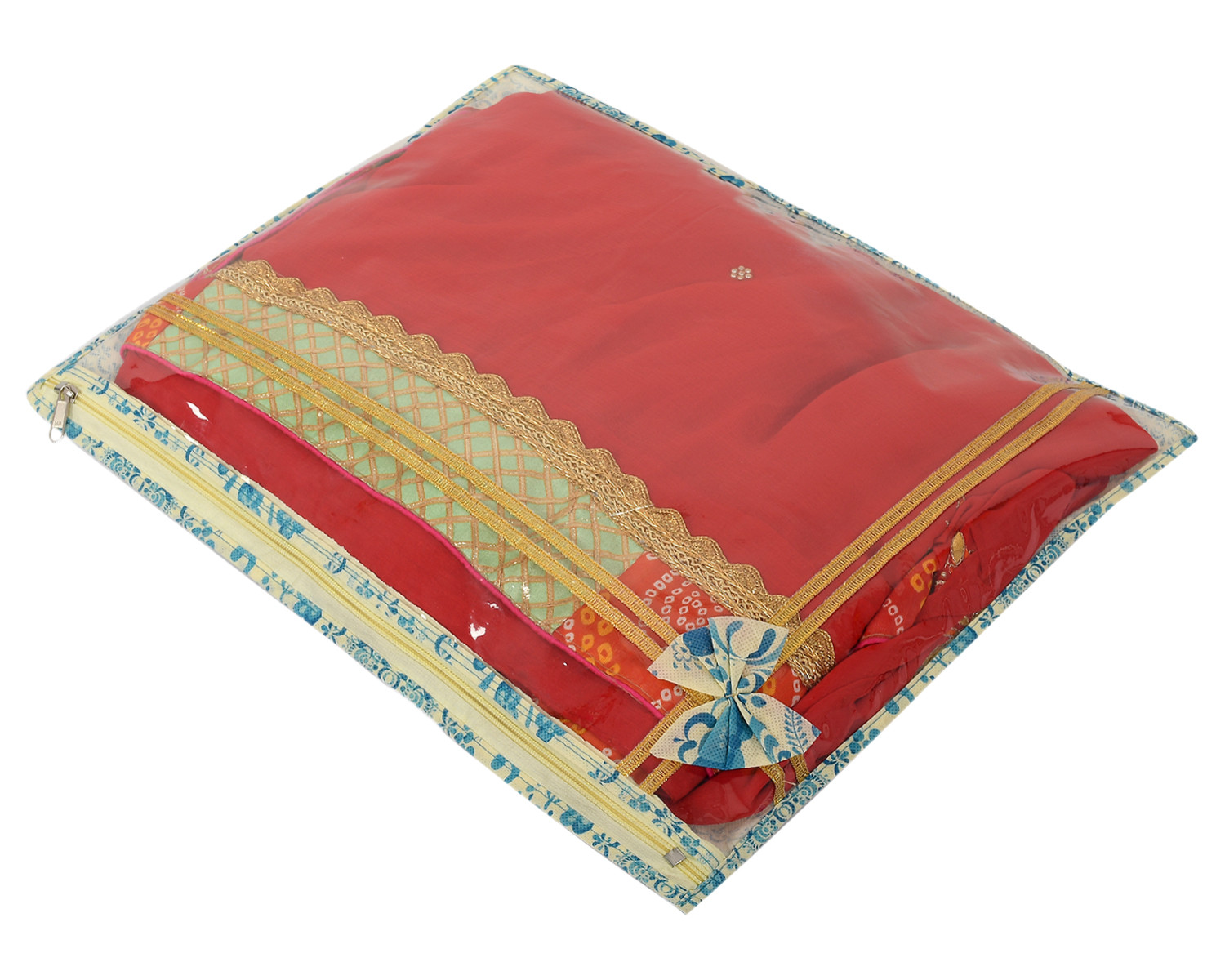 Kuber Industries Floral Print Non-Woven Single Saree cover For Store Saree, Lehenga, Suit With Transparent Top(Blue) 54KM4154