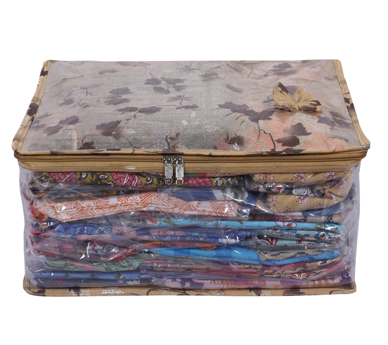 Kuber Industries Floral Print PVC Laminated Foldable Bow Saree Cover|Clothes|Wardrobe Organizer For Home & Travle With Transparent, Extra Large (Gold)