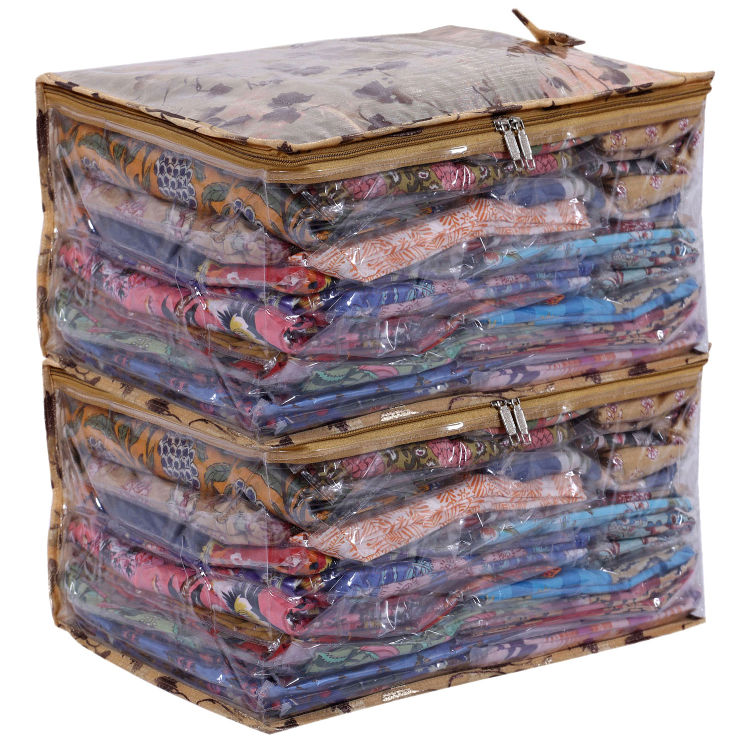 Kuber Industries Floral Print PVC Laminated Foldable Bow Saree Cover|Clothes|Wardrobe Organizer For Home & Travle With Transparent, Extra Large (Gold)