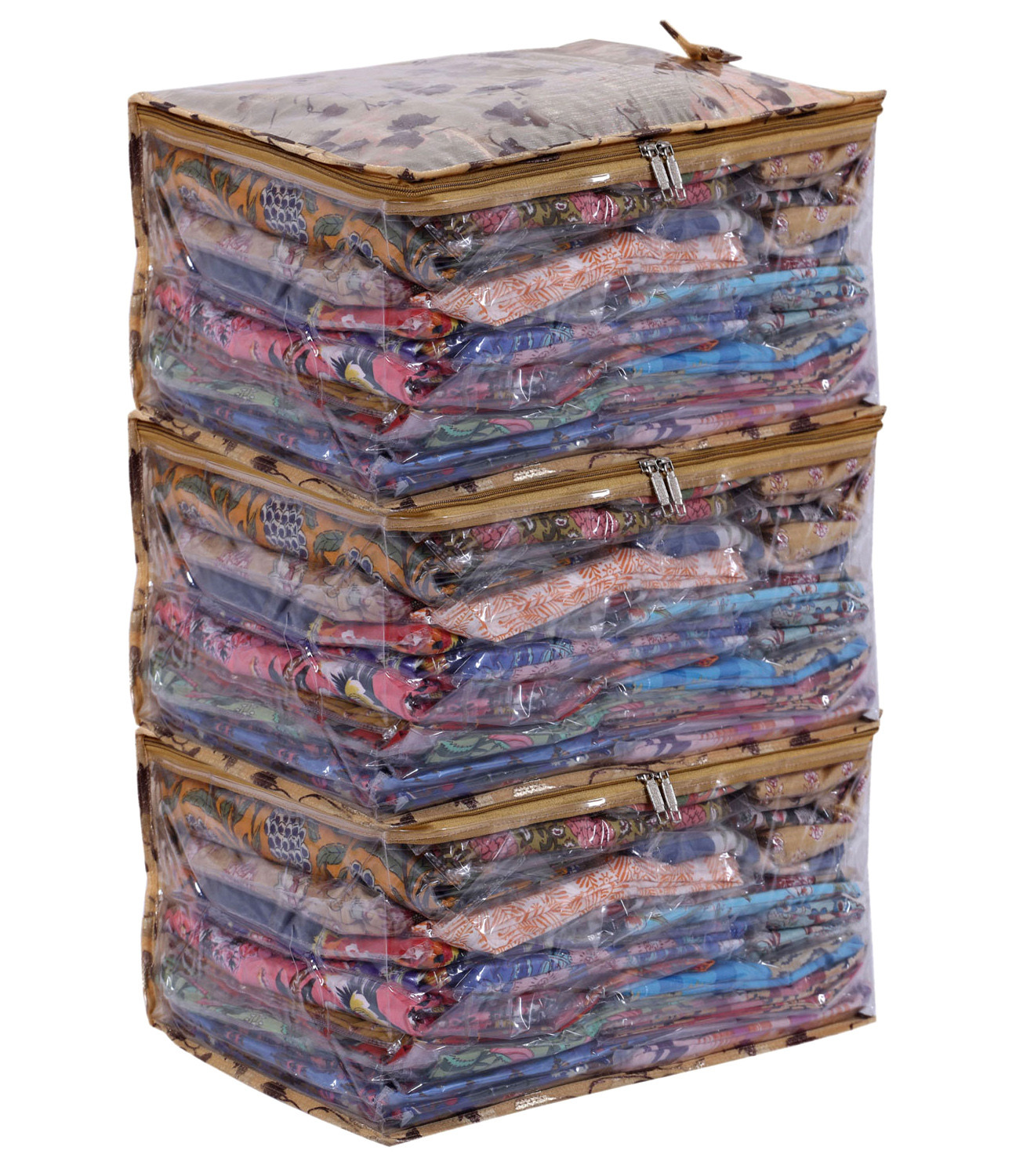 Kuber Industries Floral Print PVC Laminated Foldable Bow Saree Cover|Clothes|Wardrobe Organizer For Home & Travle With Transparent, Extra Large (Gold)