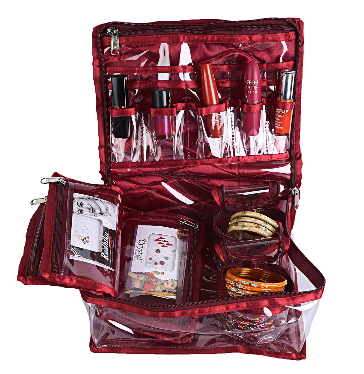 Kuber Industries Floral Print PVC Laminated Portable Jewellery Organizer With 4 Pouches & 2 Bangle Pouches For Home and Travel (Maroon)