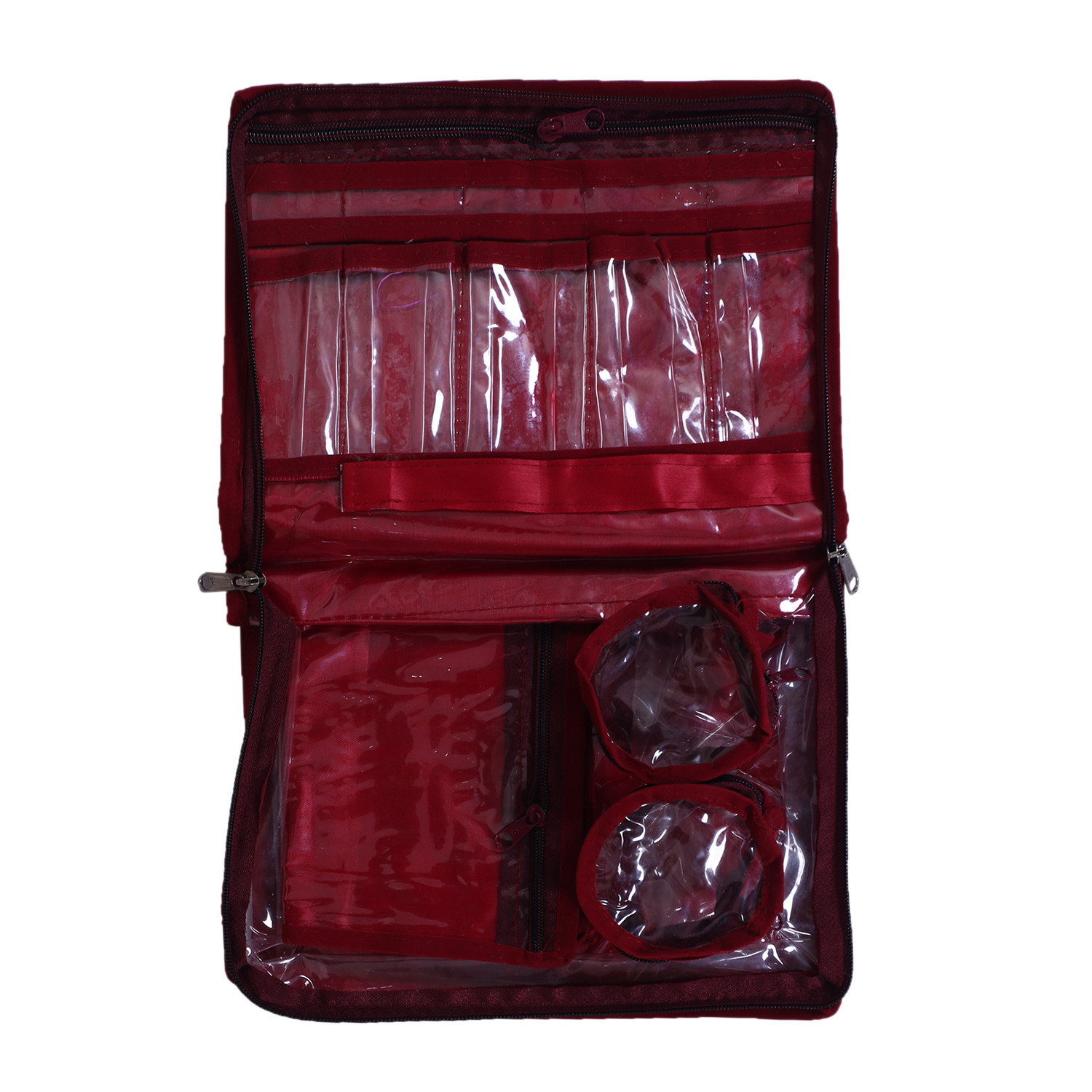 Kuber Industries Floral Print PVC Laminated Portable Jewellery Organizer With 4 Pouches & 2 Bangle Pouches For Home and Travel (Maroon)