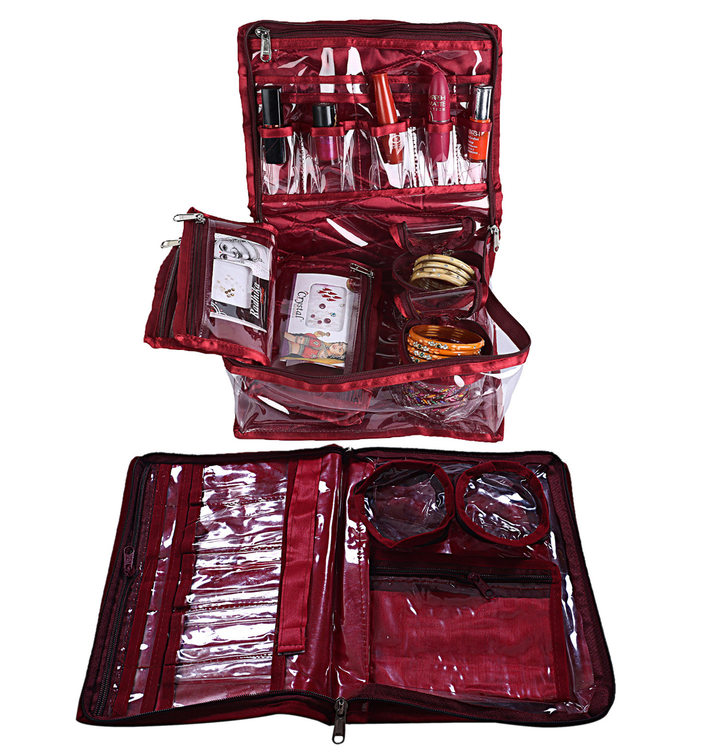 Kuber Industries Floral Print PVC Laminated Portable Jewellery Organizer With 4 Pouches & 2 Bangle Pouches For Home and Travel (Maroon)