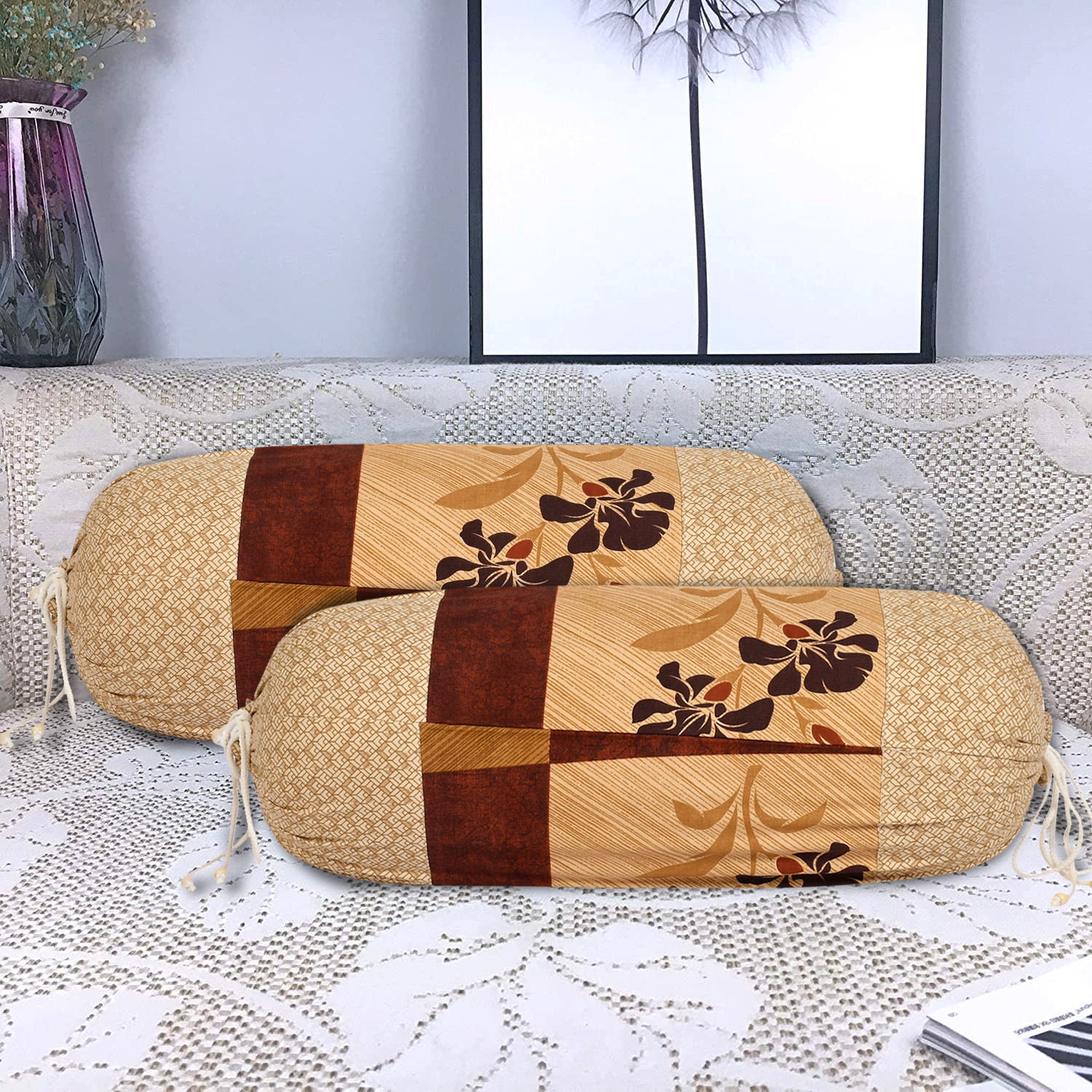 Kuber Industries Floral Print Soft & Luxurious Decorative Cotton Bolster Cover 2, 16