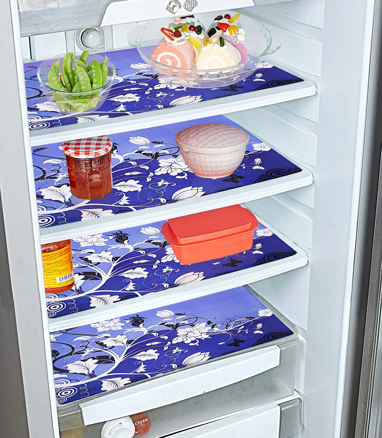 Kuber Industries Floral Print Waterproof, Stain Resistant, Washable Refrigerator/Fridge Drawer Mat, Set of 6 (Blue)