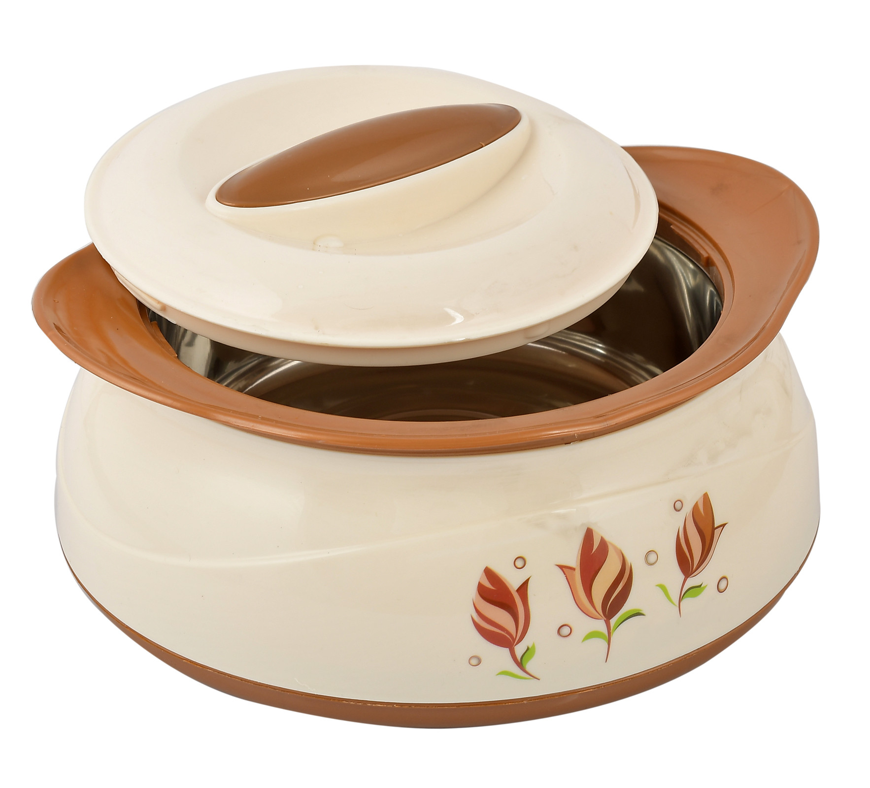 Kuber Industries Floral Printed Inner Steel Casserole With Lid, 2500ml (Cream & Brown)-HS42KUBMART25037