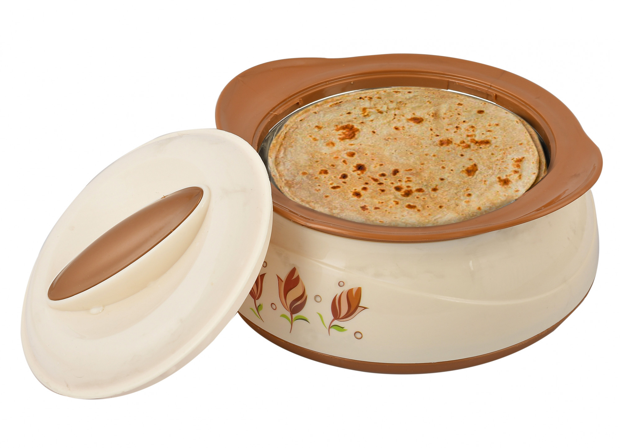 Kuber Industries Floral Printed Inner Steel Casserole With Lid, 2500ml (Cream & Brown)-HS42KUBMART25037