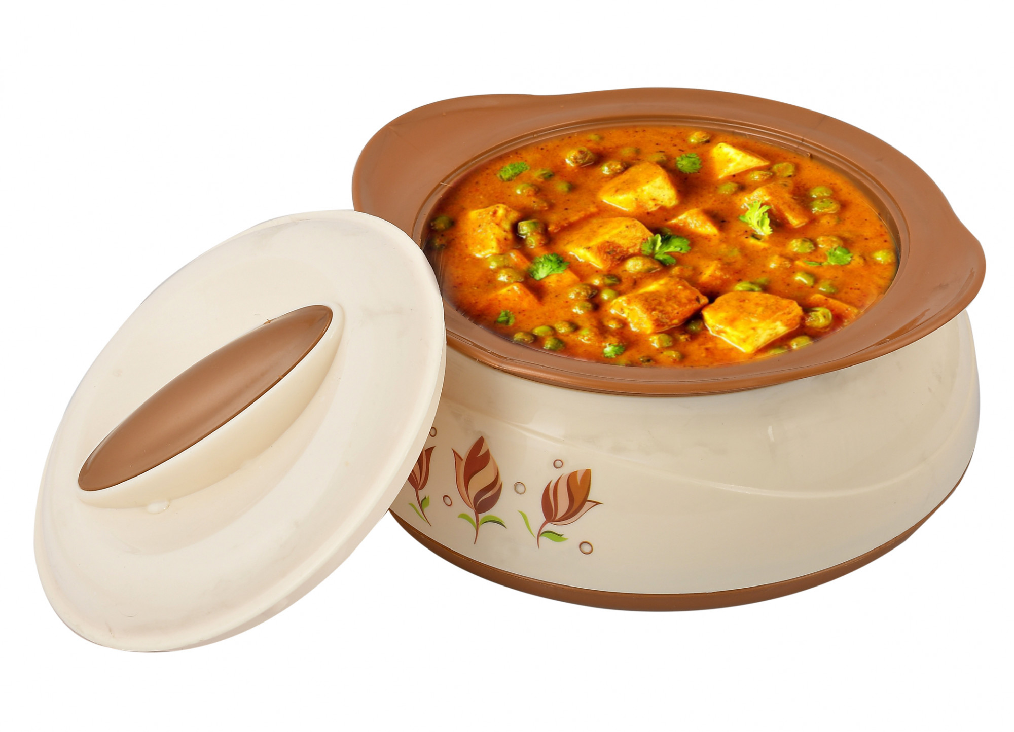 Kuber Industries Floral Printed Inner Steel Casserole With Lid, 2500ml (Cream & Brown)-HS42KUBMART25037