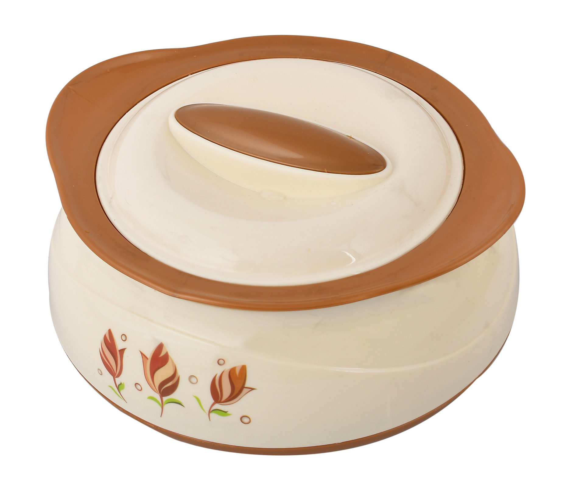 Kuber Industries Floral Printed Inner Steel Casserole With Lid, 2500ml (Cream & Brown)-HS42KUBMART25037
