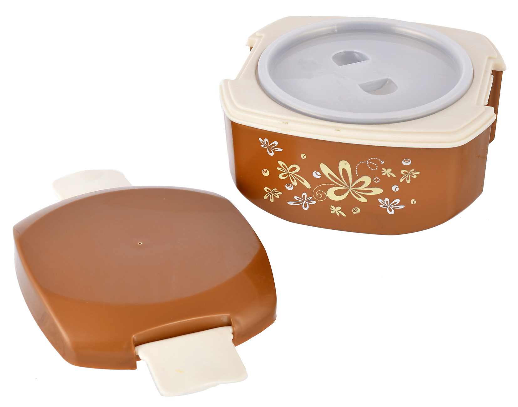 Kuber Industries Floral Printed Inner Steel Insulated Lunch Box With 1 Steel Pickel Box (Brown) -HS42KUBMART25123