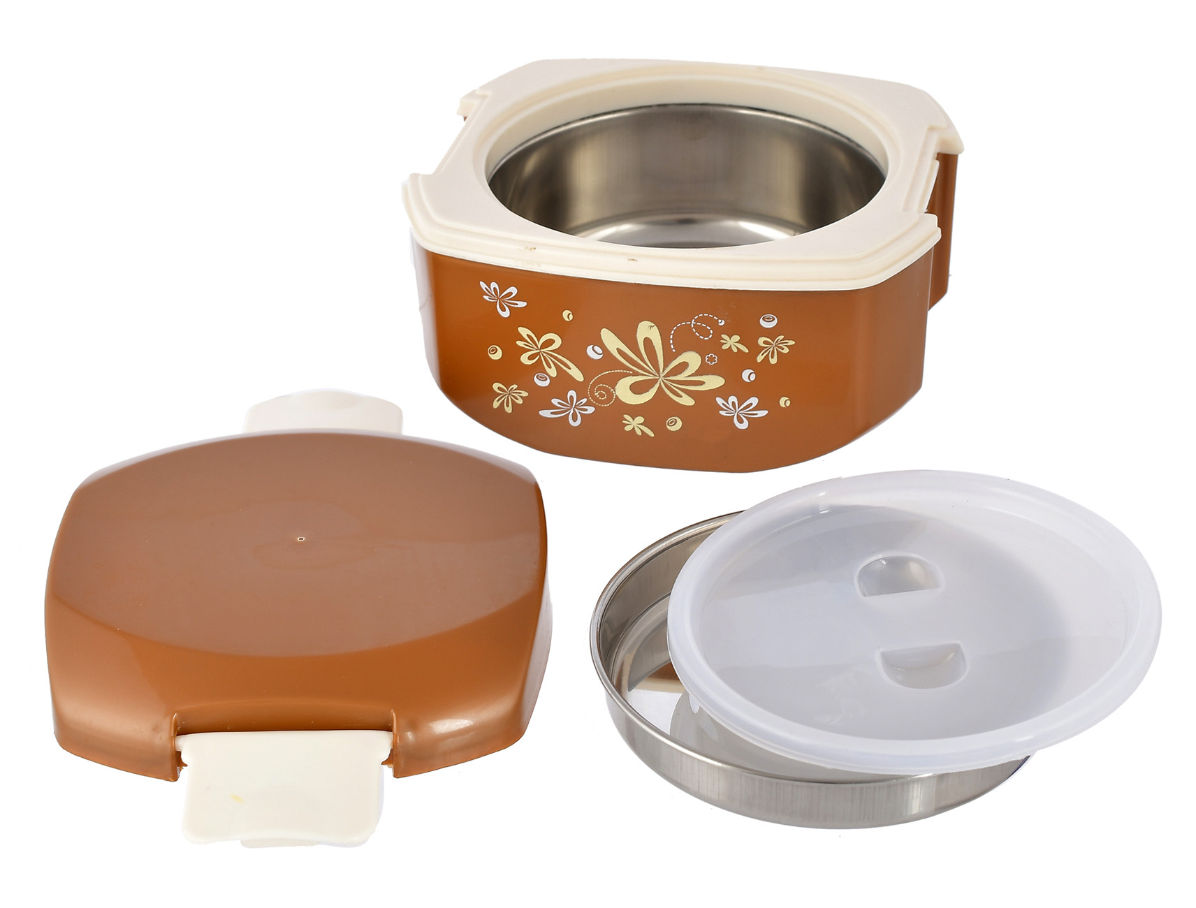Kuber Industries Floral Printed Inner Steel Insulated Lunch Box With 1 Steel Pickel Box (Brown) -HS42KUBMART25123