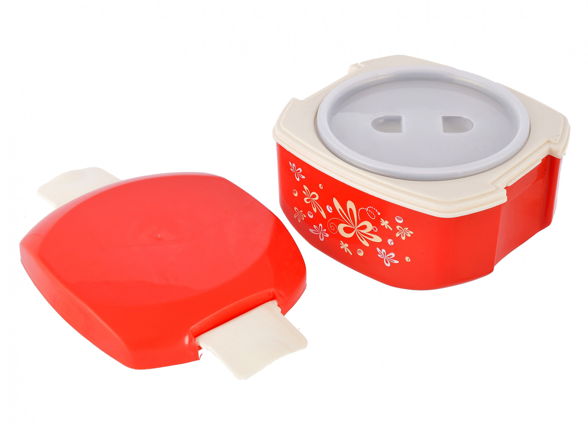 Kuber Industries Floral Printed Inner Steel Insulated Lunch Box With 1 Steel Pickel Box (Red) -HS42KUBMART25125