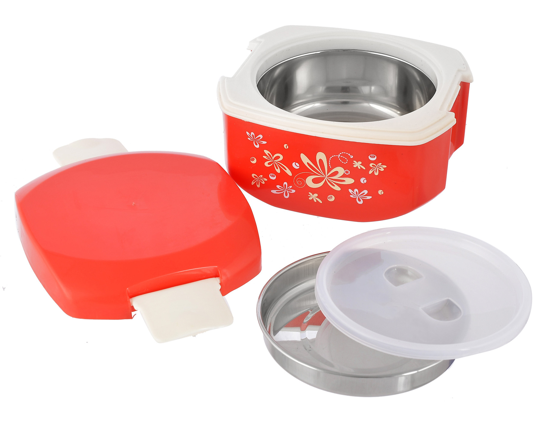 Kuber Industries Floral Printed Inner Steel Insulated Lunch Box With 1 Steel Pickel Box (Red) -HS42KUBMART25125
