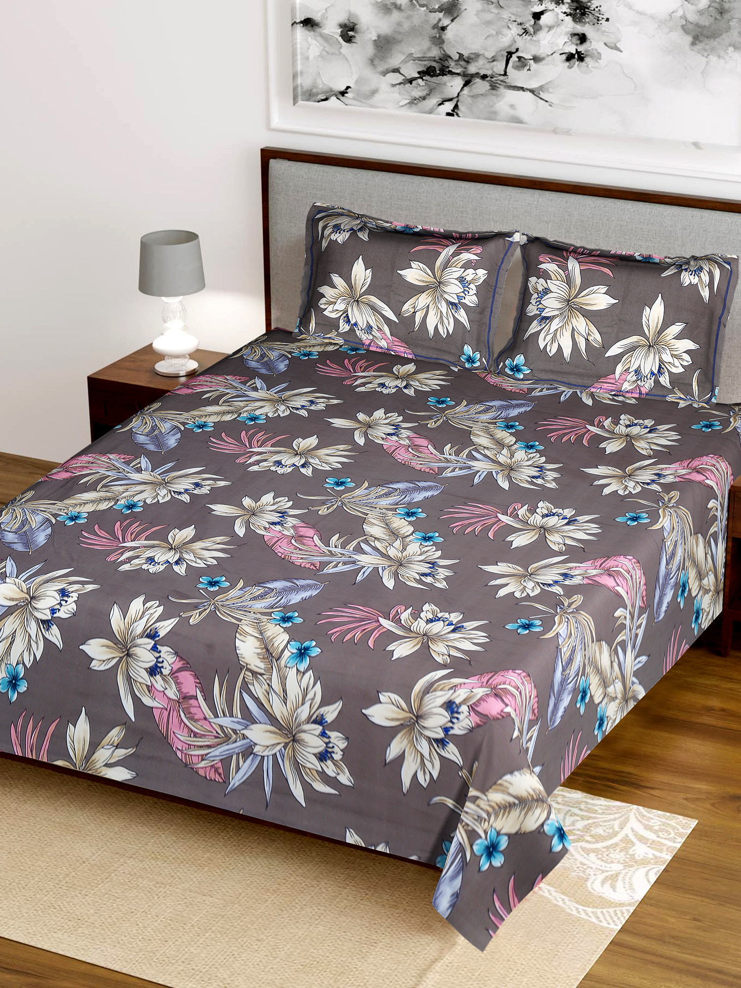 Kuber Industries Floral Printed Luxurious Soft Breathable & Comfortable Cotton Double Bedsheet With 2 Pillow Covers (Grey)-HS43KUBMART26829