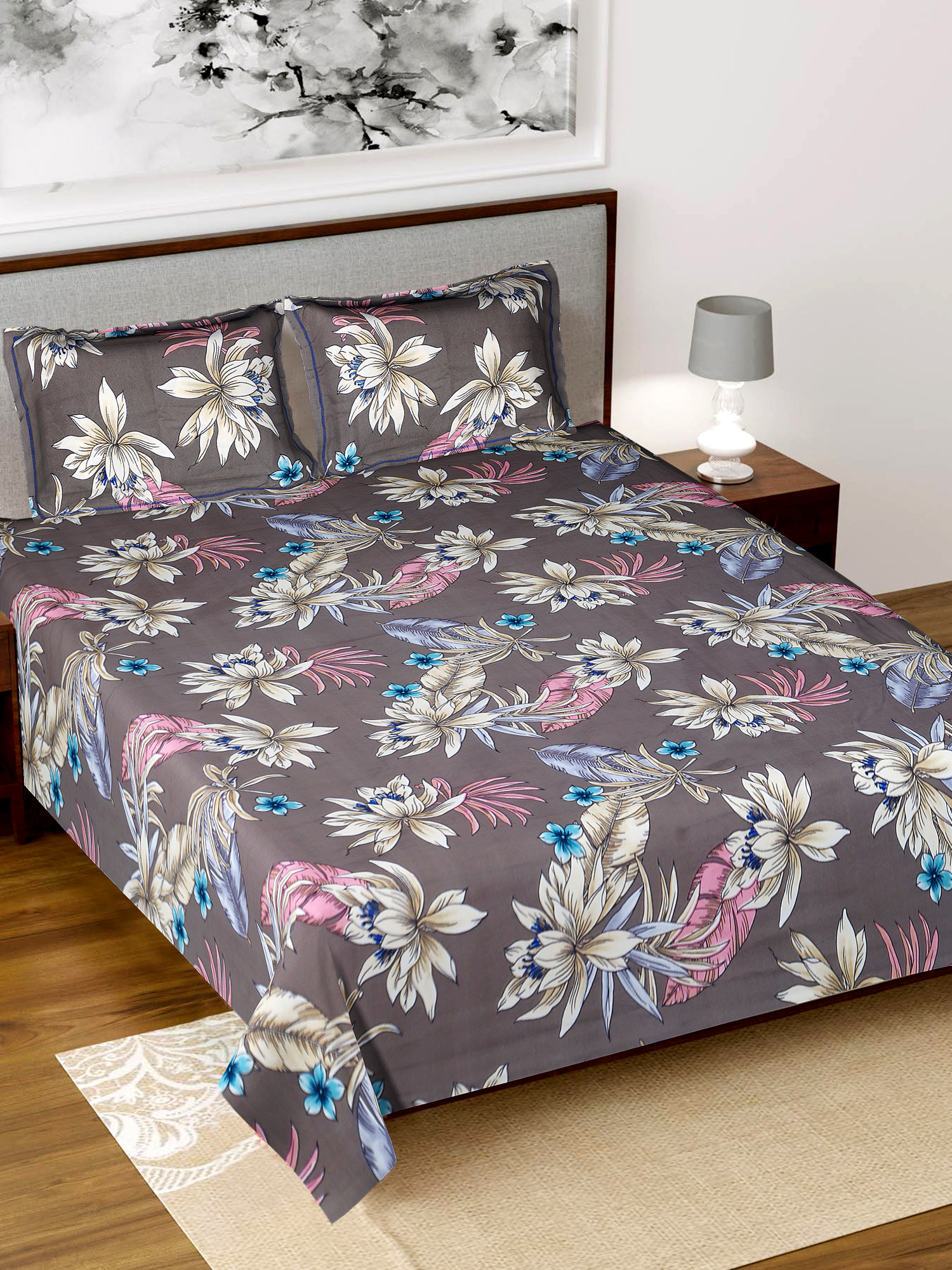Kuber Industries Floral Printed Luxurious Soft Breathable & Comfortable Cotton Double Bedsheet With 2 Pillow Covers (Grey)-HS43KUBMART26829