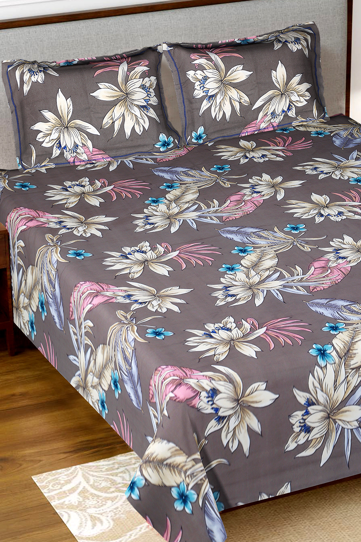 Kuber Industries Floral Printed Luxurious Soft Breathable & Comfortable Cotton Double Bedsheet With 2 Pillow Covers (Grey)-HS43KUBMART26829